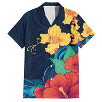 Polynesian Hibiscus Flower Waves Pattern Family Matching Tank Maxi Dress and Hawaiian Shirt LT9 Dad's Shirt - Short Sleeve Dark Blue - Polynesian Pride