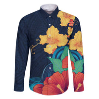 Polynesian Hibiscus Flower Waves Pattern Family Matching Tank Maxi Dress and Hawaiian Shirt LT9 Dad's Shirt - Long Sleeve Dark Blue - Polynesian Pride