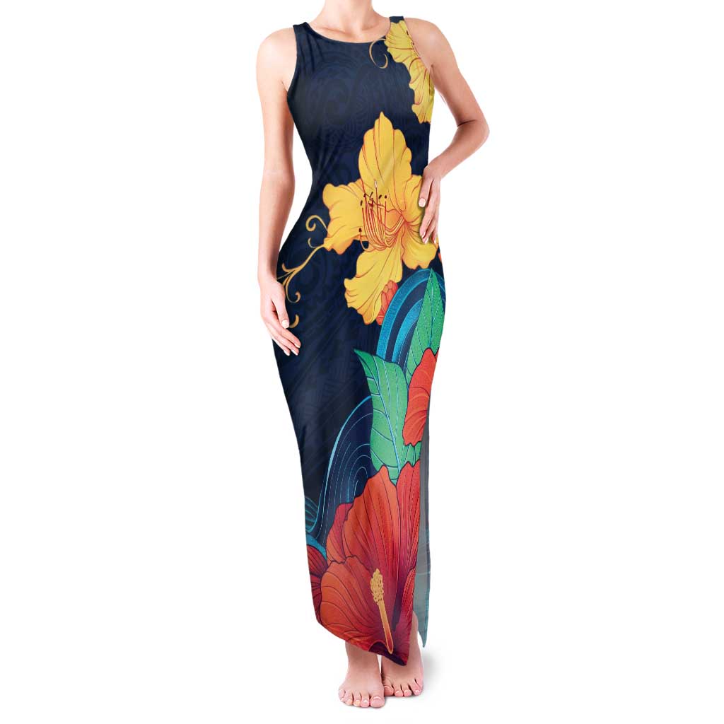 Polynesian Hibiscus Flower Waves Pattern Family Matching Tank Maxi Dress and Hawaiian Shirt LT9 Mom's Dress Dark Blue - Polynesian Pride