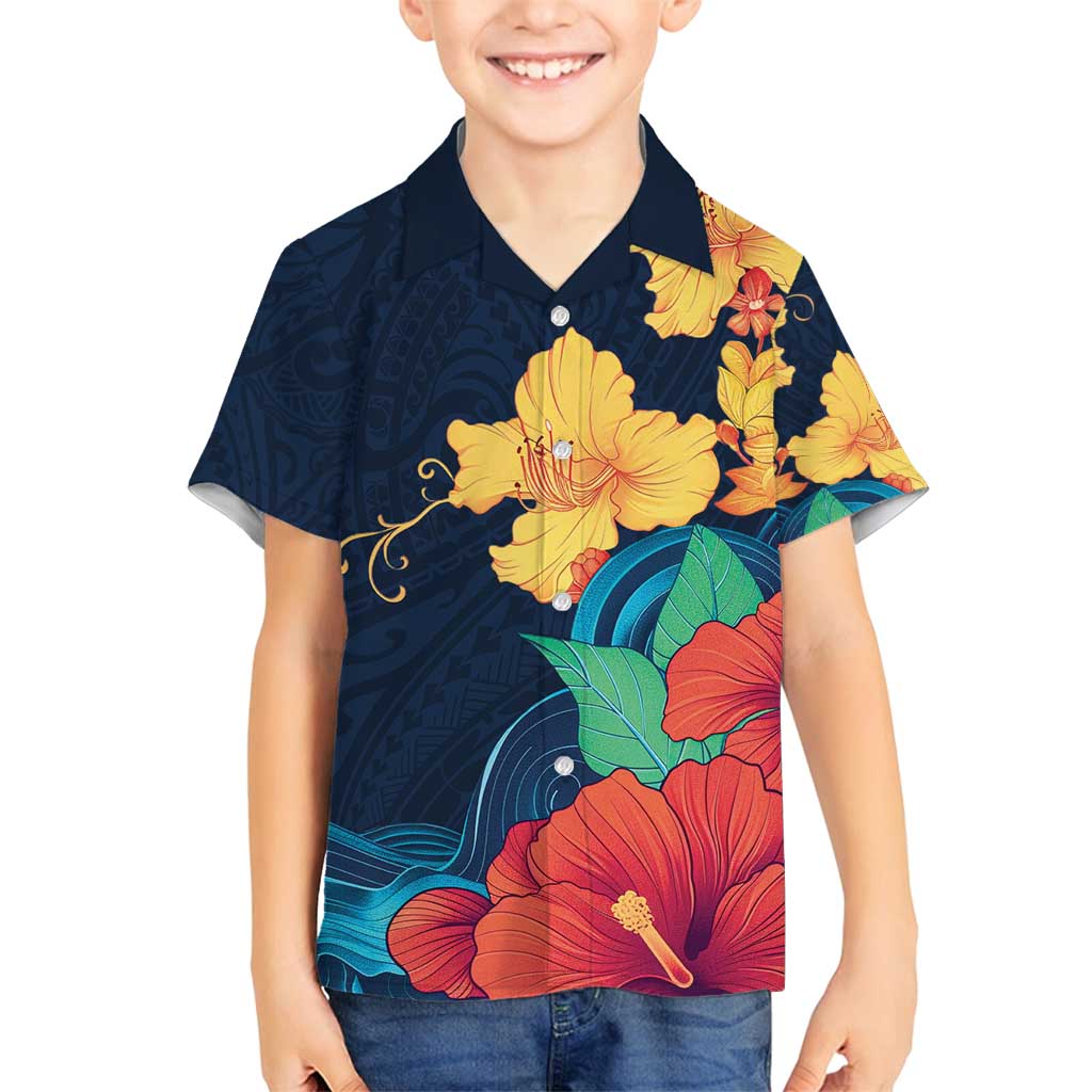 Polynesian Hibiscus Flower Waves Pattern Family Matching Tank Maxi Dress and Hawaiian Shirt LT9 Son's Shirt Dark Blue - Polynesian Pride