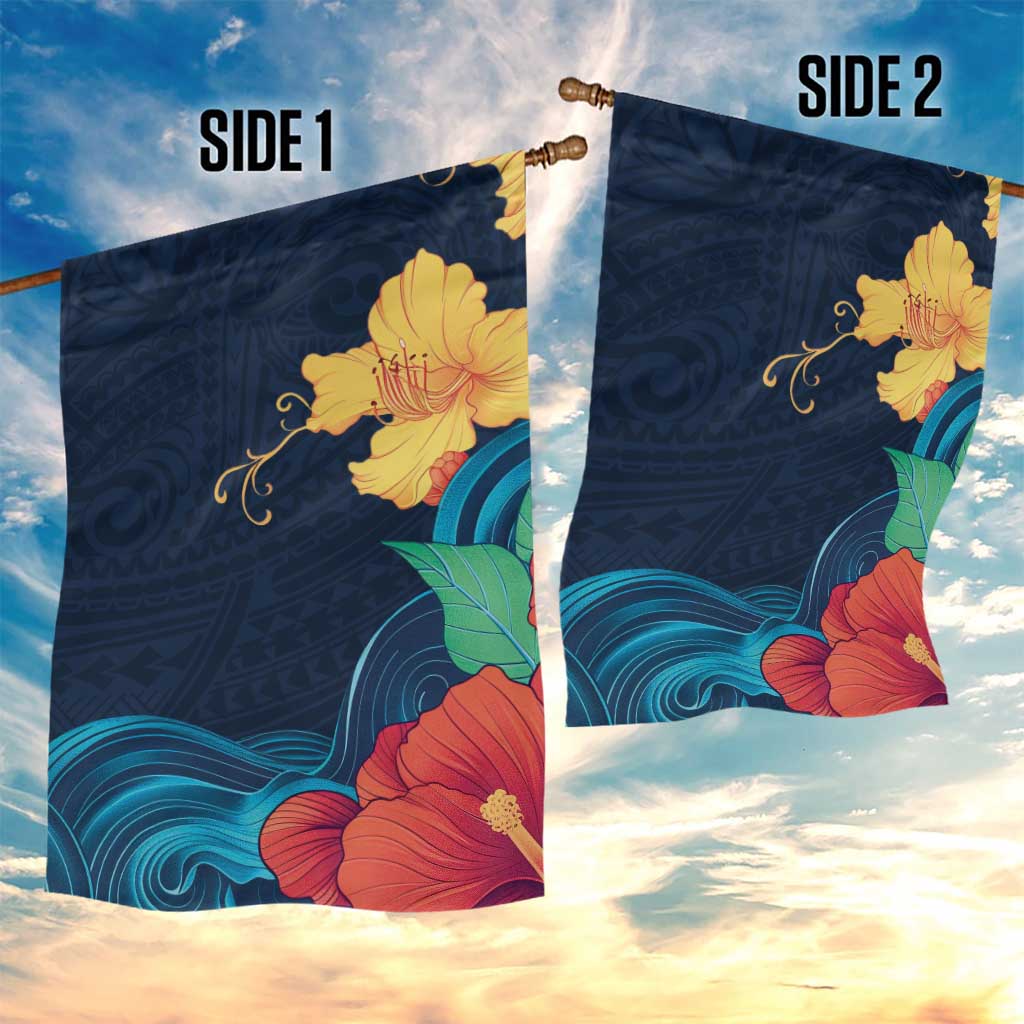Polynesian Hibiscus Flower Waves Pattern Garden Flag