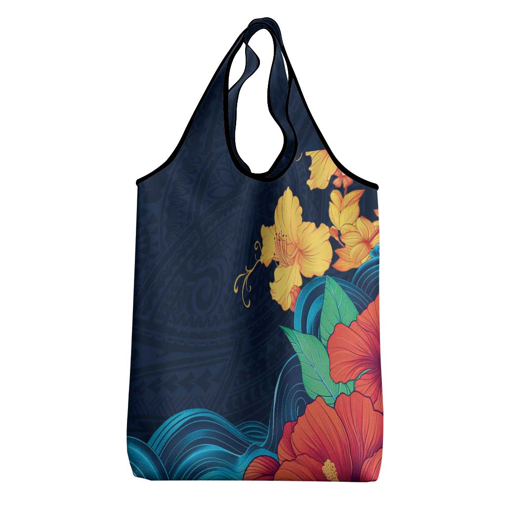 Polynesian Hibiscus Flower Waves Pattern Grocery Bag