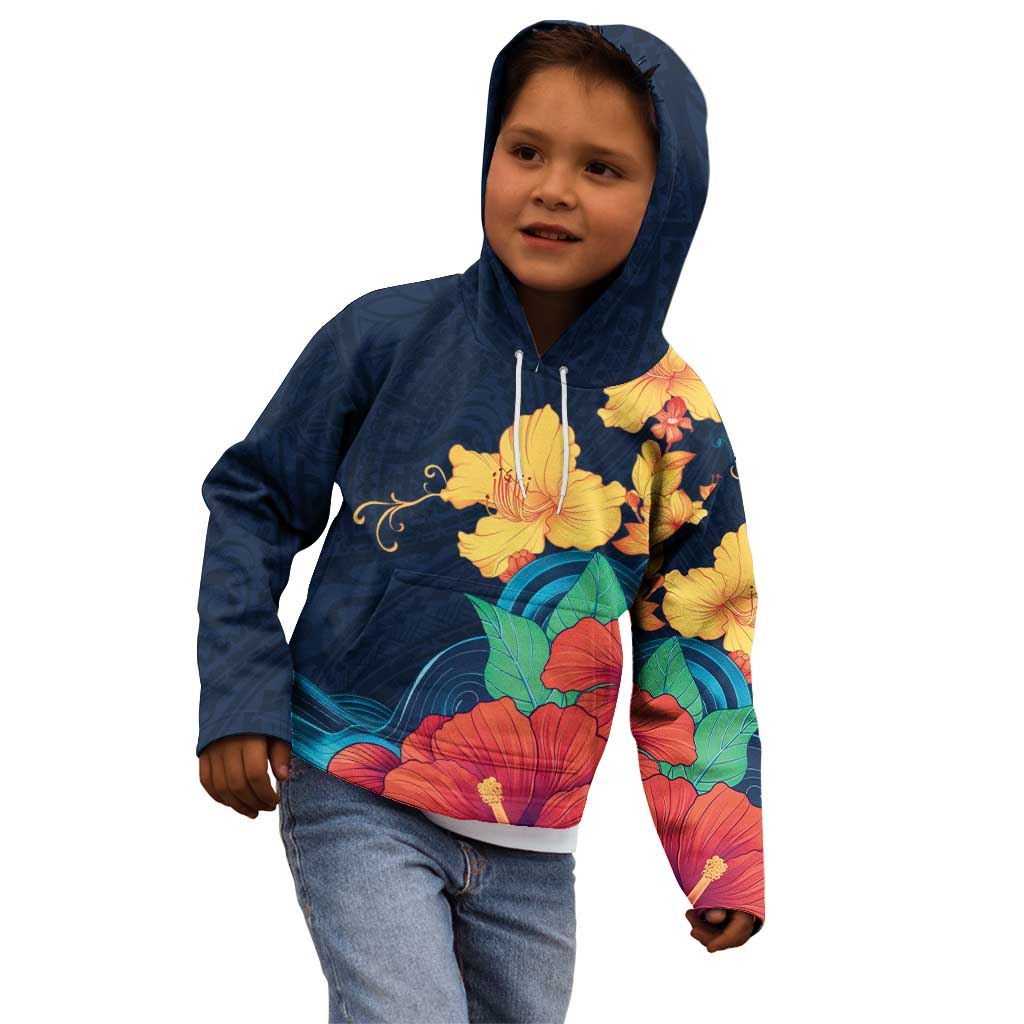 Polynesian Hibiscus Flower Waves Pattern Kid Hoodie