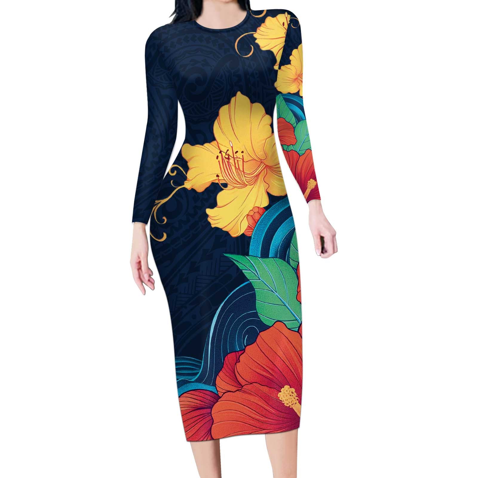 Polynesian Hibiscus Flower Waves Pattern Long Sleeve Bodycon Dress LT9 Long Dress Dark Blue - Polynesian Pride