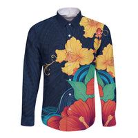 Polynesian Hibiscus Flower Waves Pattern Long Sleeve Button Shirt LT9 Unisex Dark Blue - Polynesian Pride