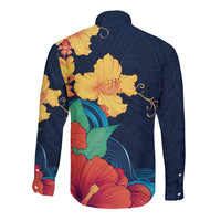 Polynesian Hibiscus Flower Waves Pattern Long Sleeve Button Shirt LT9 - Polynesian Pride