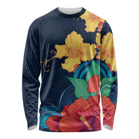 Polynesian Hibiscus Flower Waves Pattern Long Sleeve Shirt LT9 Unisex Dark Blue - Polynesian Pride