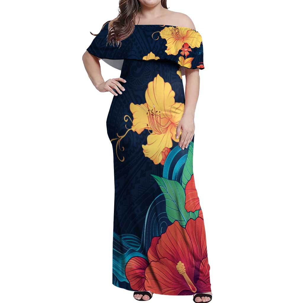 maxi hibiscus dress Polynesian Hibiscus Flower Waves Pattern Off Shoulder Maxi Dress LT9