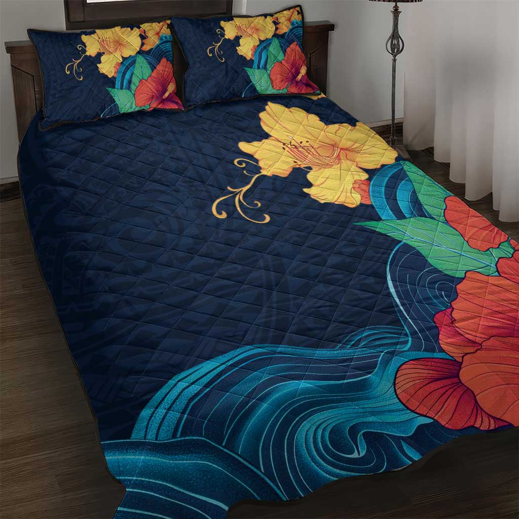 Polynesian Hibiscus Flower Waves Pattern Quilt Bed Set LT9 Dark Blue - Polynesian Pride