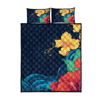 Polynesian Hibiscus Flower Waves Pattern Quilt Bed Set