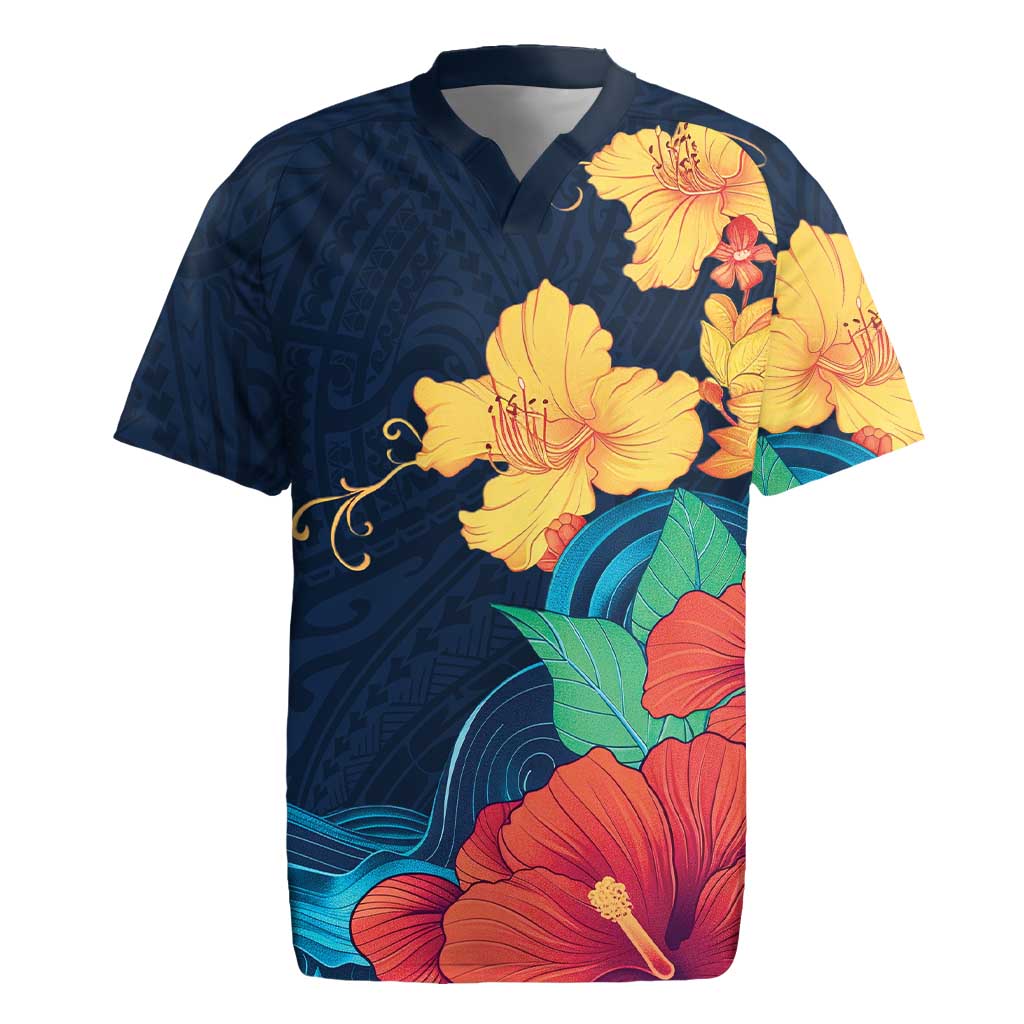 Polynesian Hibiscus Flower Waves Pattern Rugby Jersey