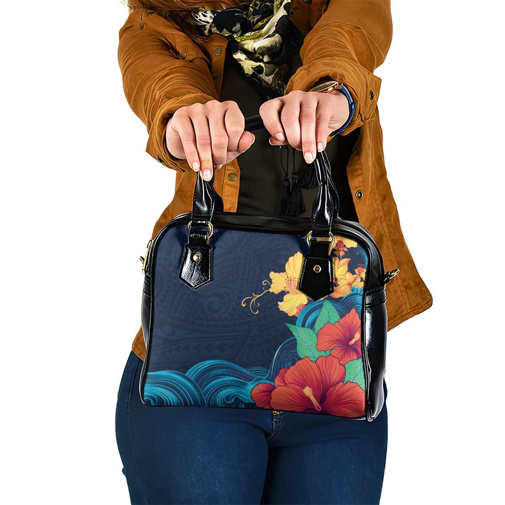 Polynesian Hibiscus Flower Waves Pattern Shoulder Handbag LT9 One Size Dark Blue - Polynesian Pride