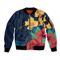 Polynesian Hibiscus Flower Waves Pattern Sleeve Zip Bomber Jacket