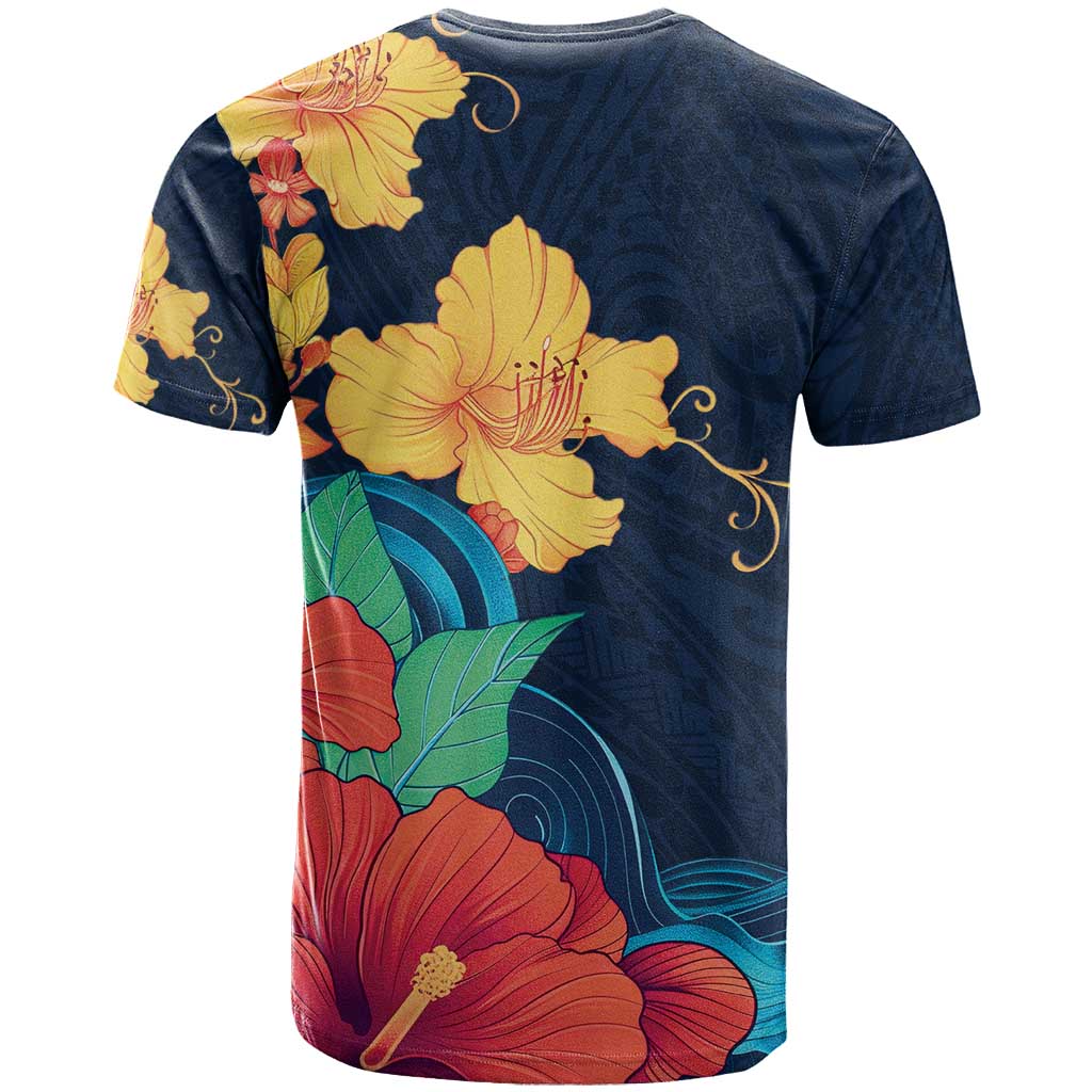 Polynesian Hibiscus Flower Waves Pattern T Shirt