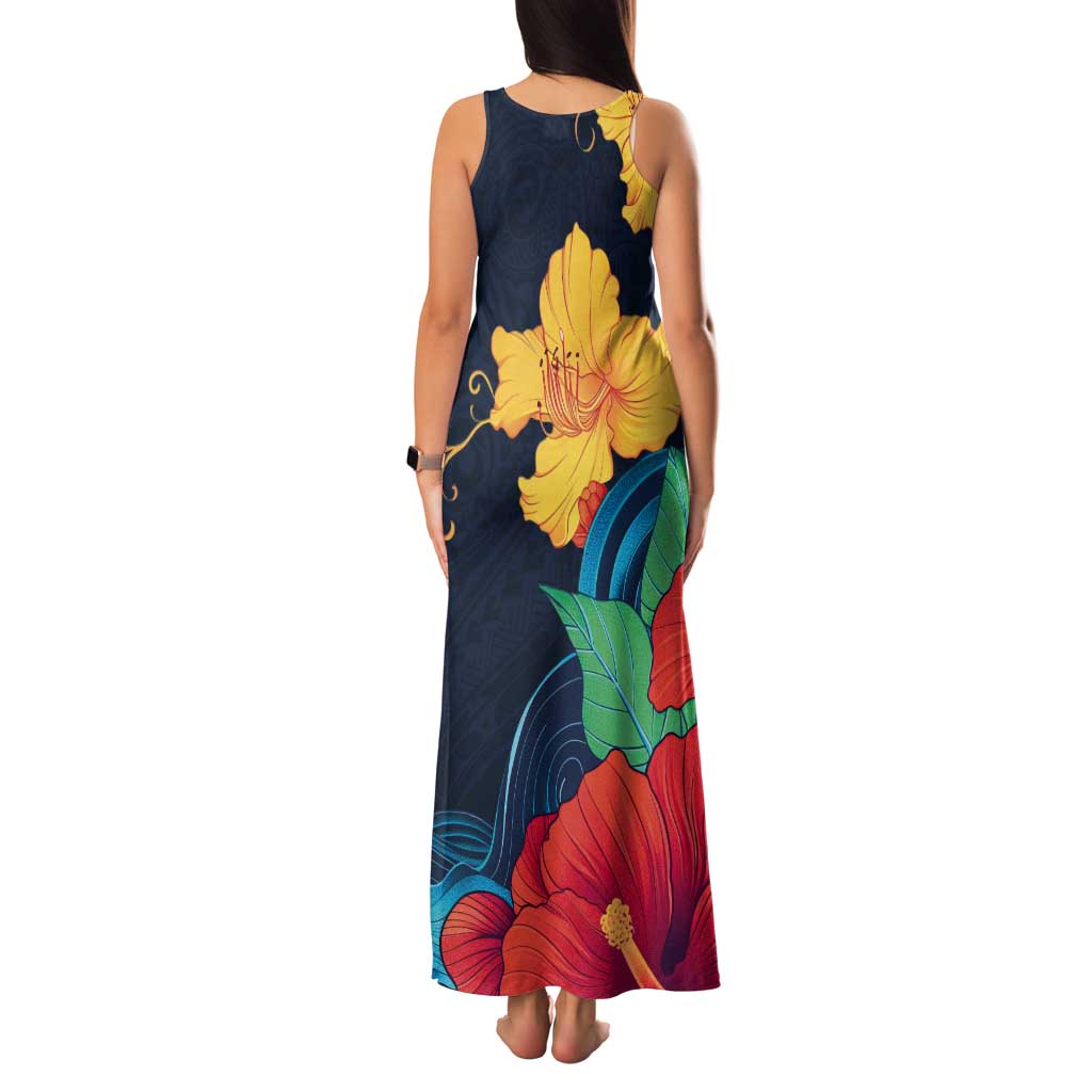 Polynesian Hibiscus Flower Waves Pattern Tank Maxi Dress