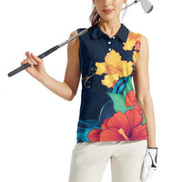 Polynesian Hibiscus Flower Waves Pattern Women Sleeveless Polo Shirt