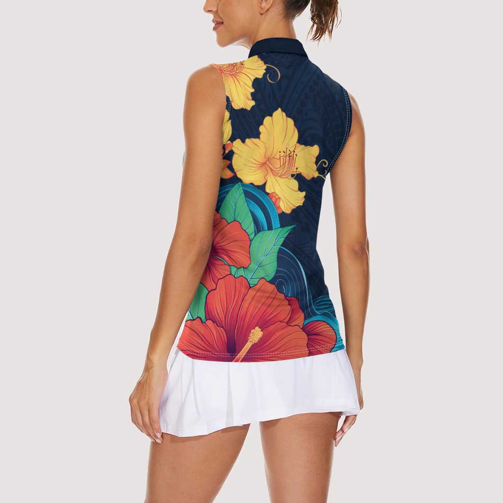 Polynesian Hibiscus Flower Waves Pattern Women Sleeveless Polo Shirt