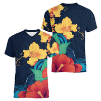 Polynesian Hibiscus Flower Waves Pattern Women V-Neck T-Shirt