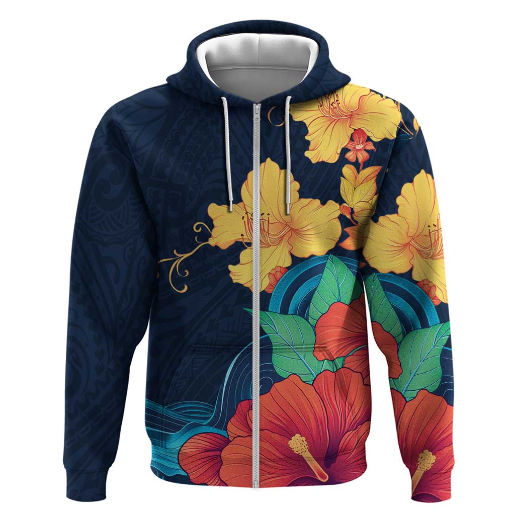 Polynesian Hibiscus Flower Waves Pattern Zip Hoodie LT9 Zip Hoodie Dark Blue - Polynesian Pride