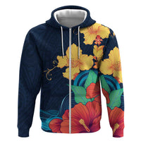 Polynesian Hibiscus Flower Waves Pattern Zip Hoodie LT9 Zip Hoodie Dark Blue - Polynesian Pride