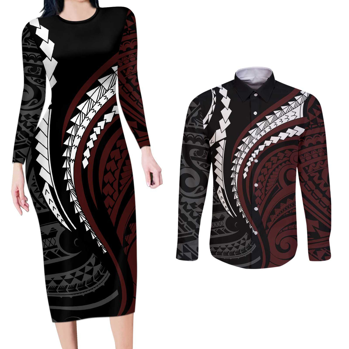 Polynesian Oxblood Line Art Tribal Tattoo Couples Matching Long Sleeve Bodycon Dress and Long Sleeve Button Shirt