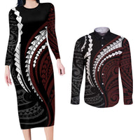 Polynesian Oxblood Line Art Tribal Tattoo Couples Matching Long Sleeve Bodycon Dress and Long Sleeve Button Shirt