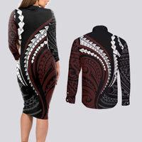 Polynesian Oxblood Line Art Tribal Tattoo Couples Matching Long Sleeve Bodycon Dress and Long Sleeve Button Shirt
