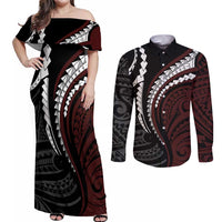 Polynesian Oxblood Line Art Tribal Tattoo Couples Matching Off Shoulder Maxi Dress and Long Sleeve Button Shirt