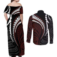Polynesian Oxblood Line Art Tribal Tattoo Couples Matching Off Shoulder Maxi Dress and Long Sleeve Button Shirt