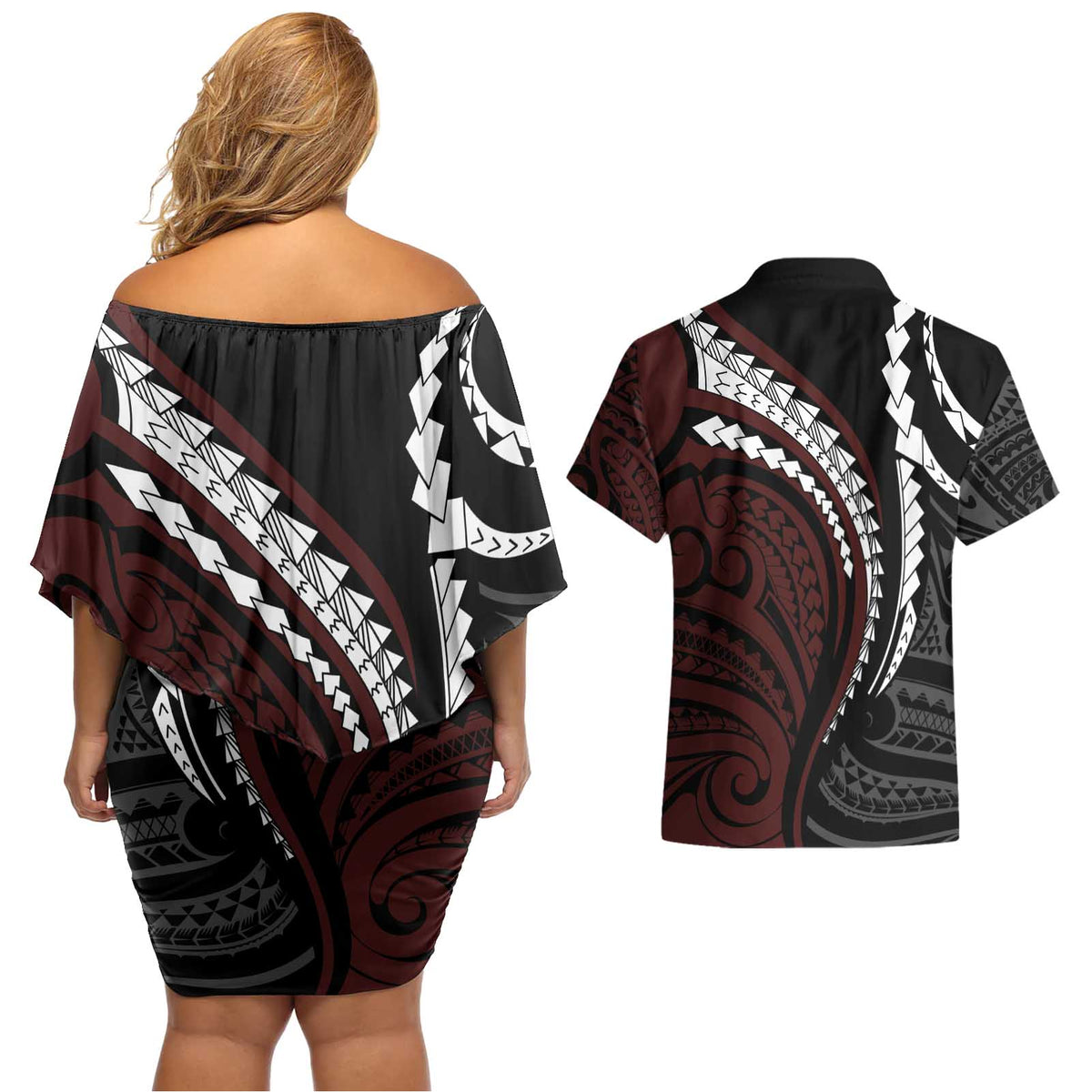 Polynesian Oxblood Line Art Tribal Tattoo Couples Matching Off Shoulder Short Dress and Hawaiian Shirt