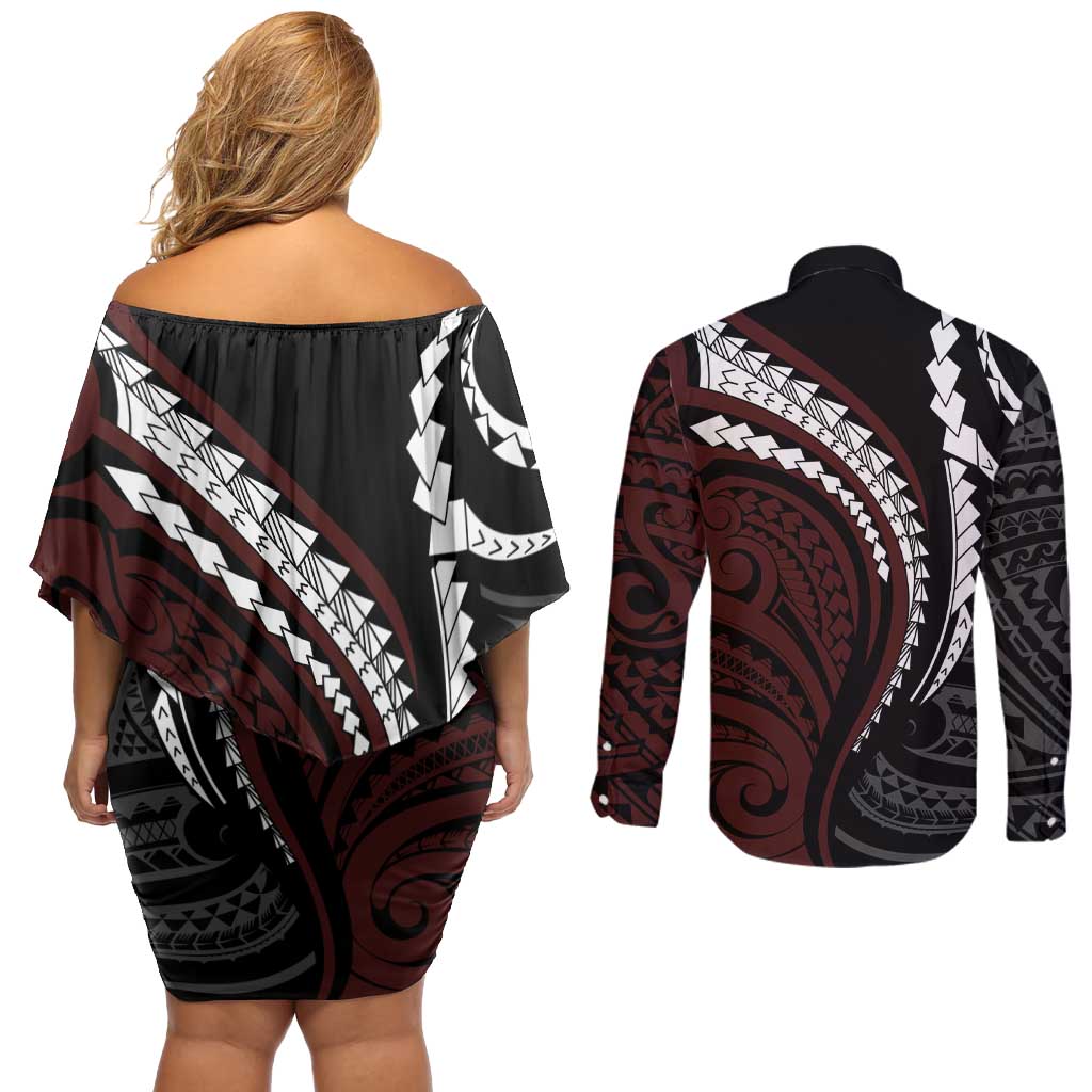 Polynesian Oxblood Line Art Tribal Tattoo Couples Matching Off Shoulder Short Dress and Long Sleeve Button Shirt