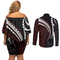 Polynesian Oxblood Line Art Tribal Tattoo Couples Matching Off Shoulder Short Dress and Long Sleeve Button Shirt