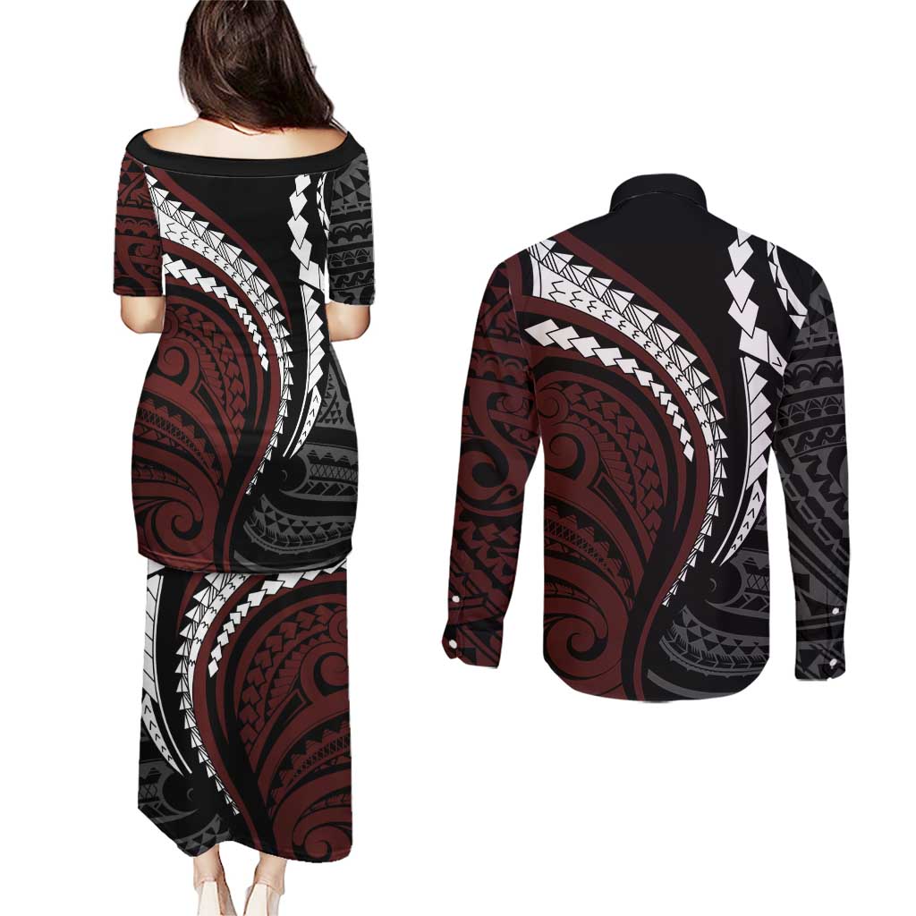 Polynesian Oxblood Line Art Tribal Tattoo Couples Matching Puletasi and Long Sleeve Button Shirt