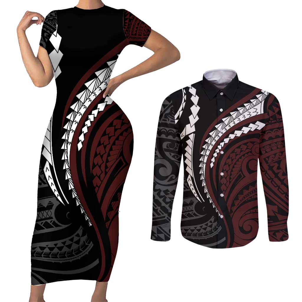 Polynesian Oxblood Line Art Tribal Tattoo Couples Matching Short Sleeve Bodycon Dress and Long Sleeve Button Shirt