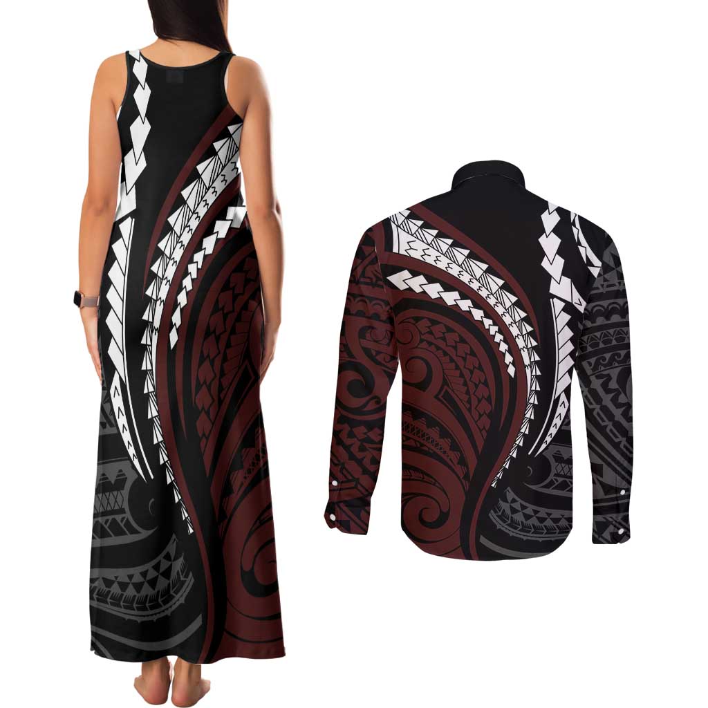 Polynesian Oxblood Line Art Tribal Tattoo Couples Matching Tank Maxi Dress and Long Sleeve Button Shirt