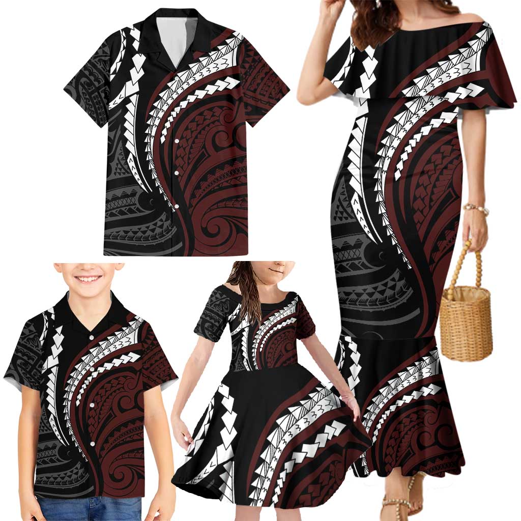 Polynesian Oxblood Line Art Tribal Tattoo Family Matching Mermaid Dress and Hawaiian Shirt