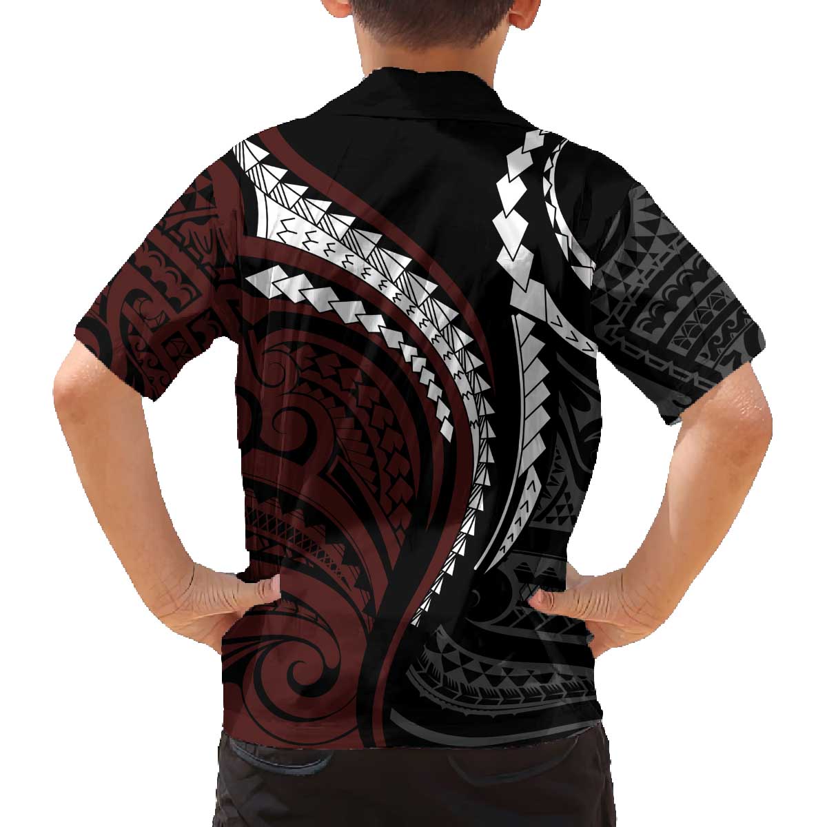 Polynesian Oxblood Line Art Tribal Tattoo Family Matching Off The Shoulder Long Sleeve Dress and Hawaiian Shirt LT9 - Polynesian Pride
