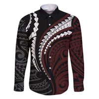 Polynesian Oxblood Line Art Tribal Tattoo Family Matching Off The Shoulder Long Sleeve Dress and Hawaiian Shirt LT9 Dad's Shirt - Long Sleeve Beige - Polynesian Pride