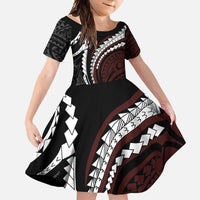 Polynesian Oxblood Line Art Tribal Tattoo Family Matching Tank Maxi Dress and Hawaiian Shirt LT9 Daughter's Dress Beige - Polynesian Pride