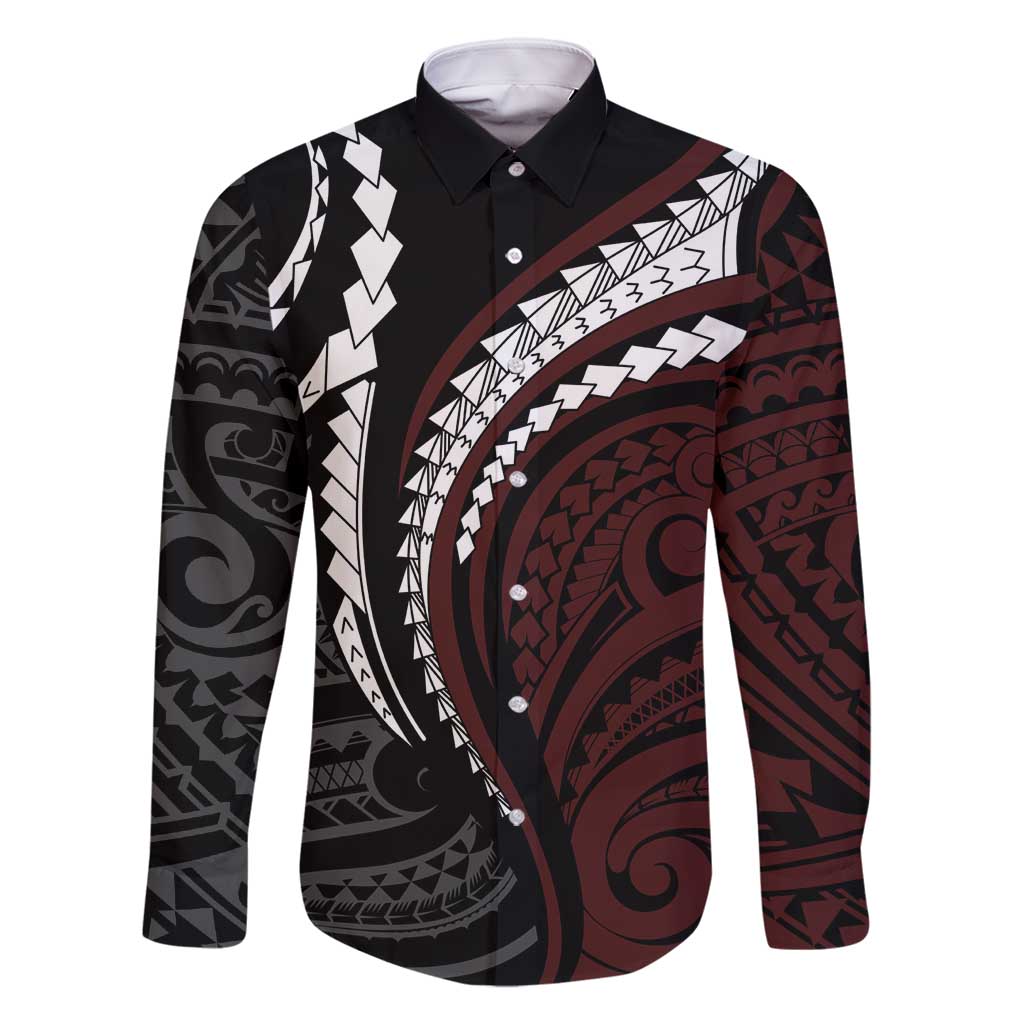 Polynesian Oxblood Line Art Tribal Tattoo Family Matching Tank Maxi Dress and Hawaiian Shirt LT9 Dad's Shirt - Long Sleeve Beige - Polynesian Pride