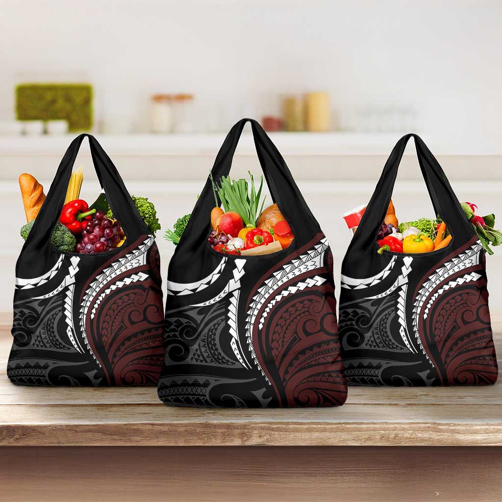 Polynesian Oxblood Line Art Tribal Tattoo Grocery Bag