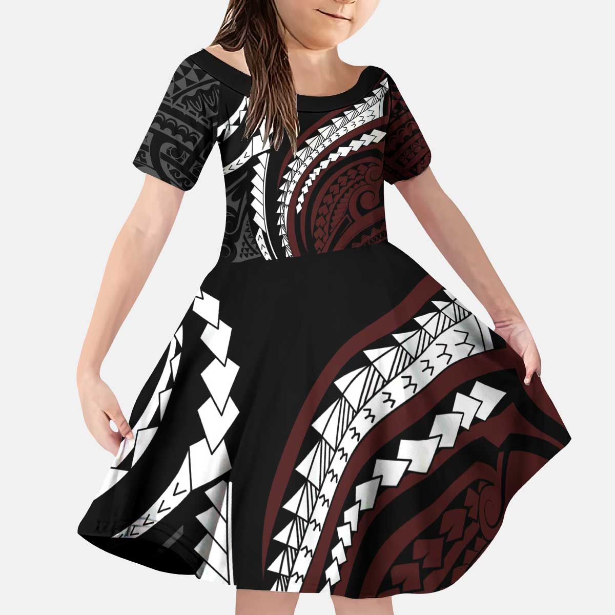 Polynesian Oxblood Line Art Tribal Tattoo Kid Short Sleeve Dress