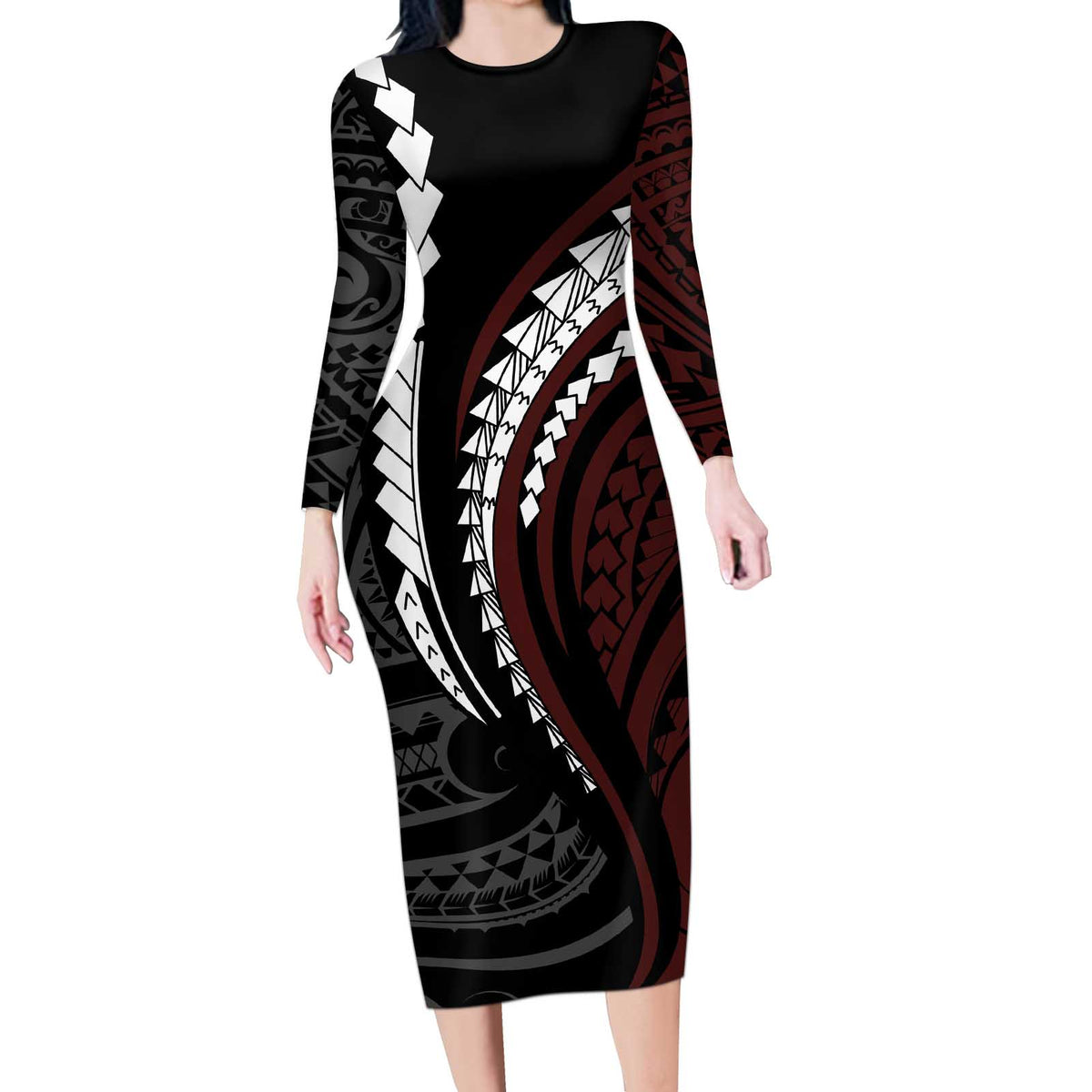 Polynesian Oxblood Line Art Tribal Tattoo Long Sleeve Bodycon Dress