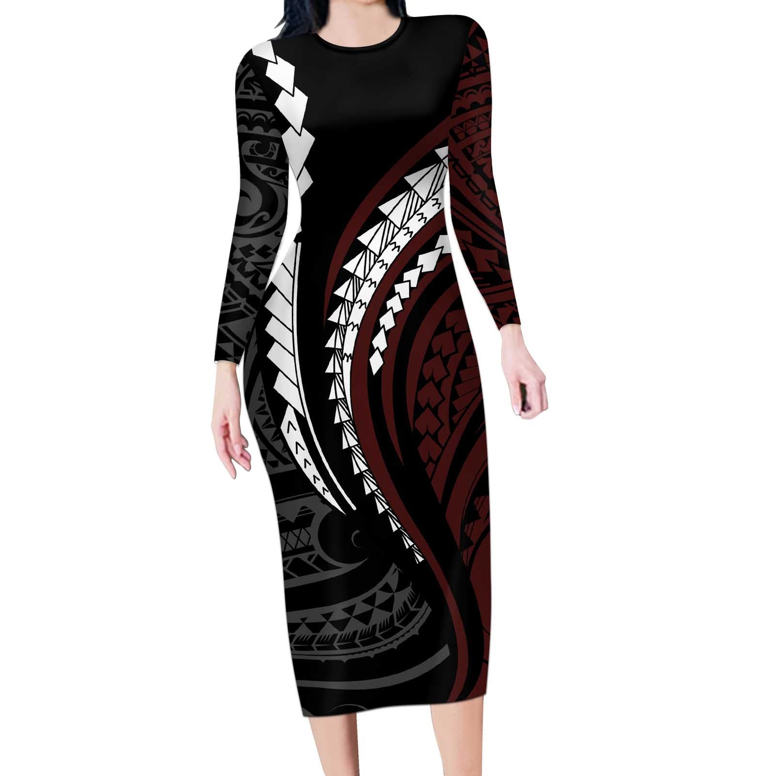 Polynesian Oxblood Line Art Tribal Tattoo Long Sleeve Bodycon Dress LT9 Long Dress Beige - Polynesian Pride