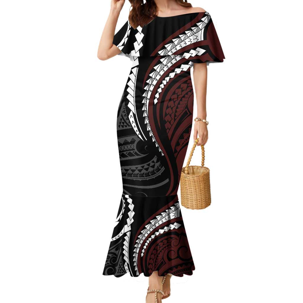 Polynesian Oxblood Line Art Tribal Tattoo Mermaid Dress LT9 Women Beige - Polynesian Pride