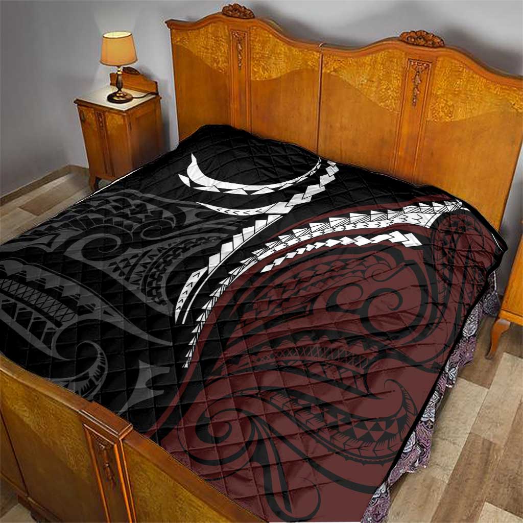 Polynesian Oxblood Line Art Tribal Tattoo Quilt