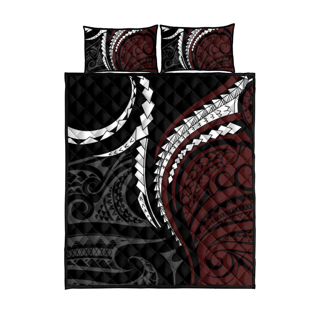 Polynesian Oxblood Line Art Tribal Tattoo Quilt Bed Set