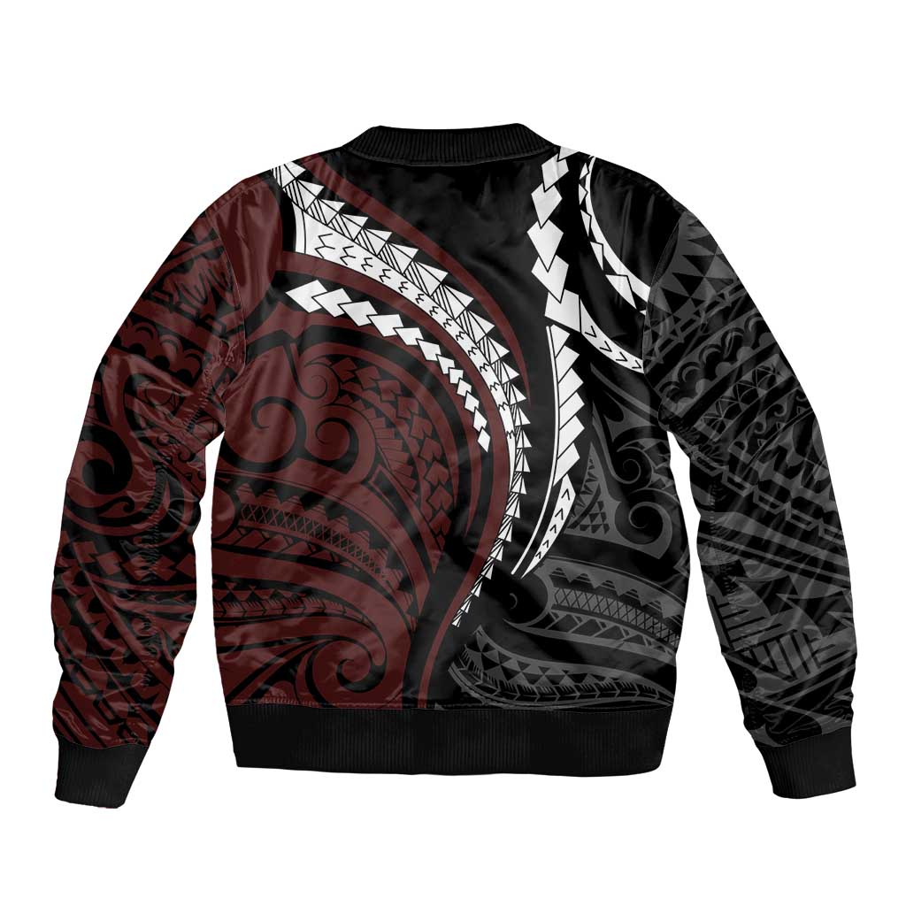 Polynesian Oxblood Line Art Tribal Tattoo Sleeve Zip Bomber Jacket