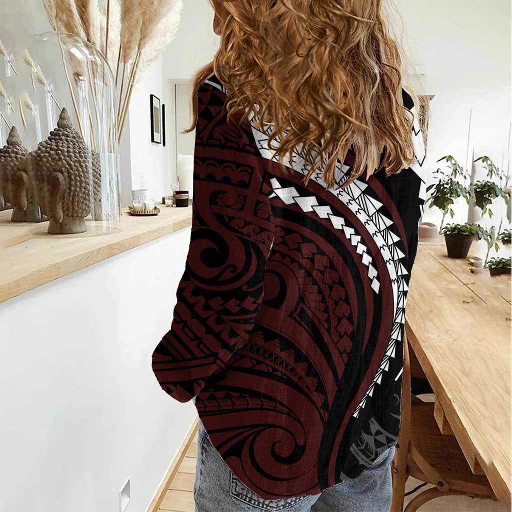 Polynesian Oxblood Line Art Tribal Tattoo Women Casual Shirt