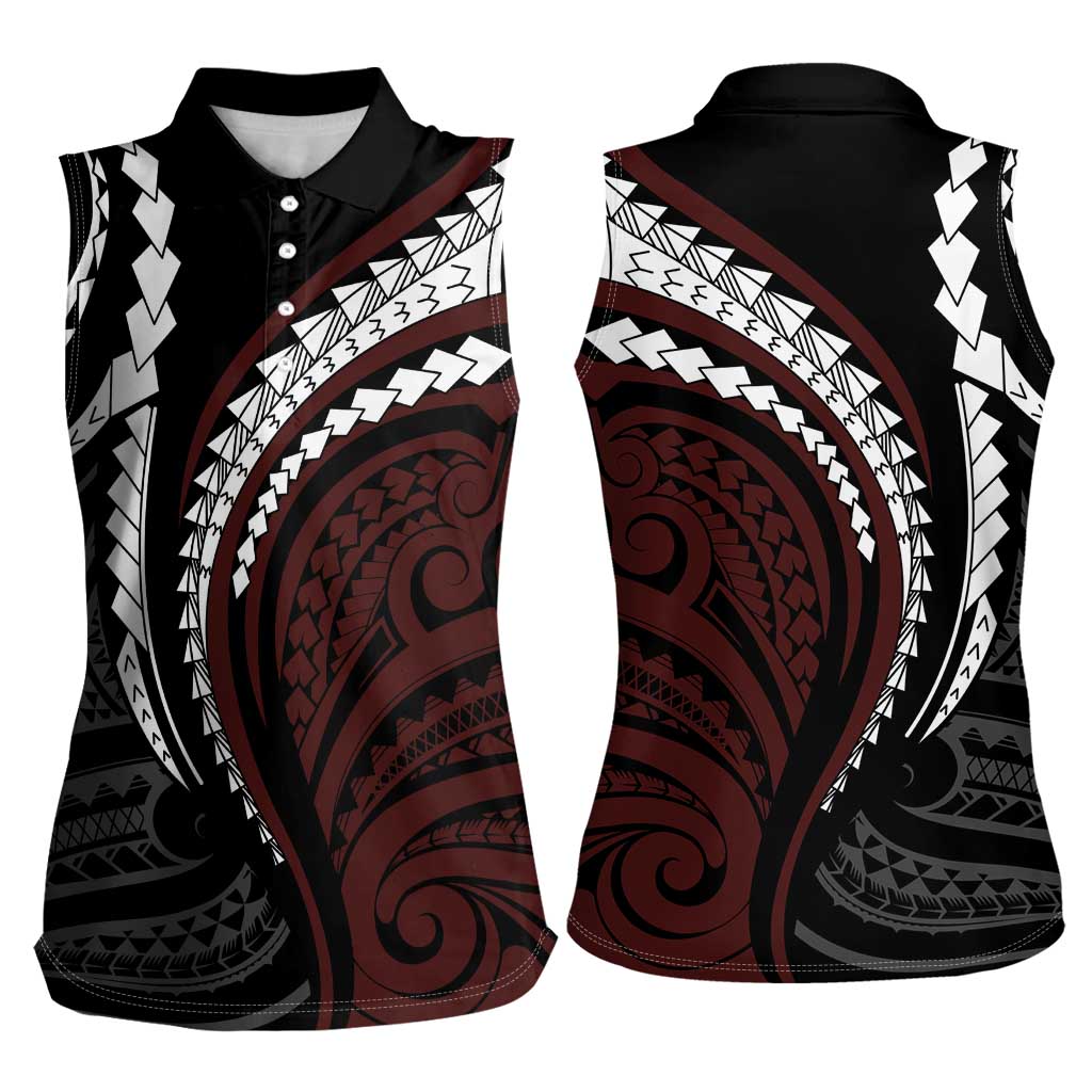 Polynesian Oxblood Line Art Tribal Tattoo Women Sleeveless Polo Shirt